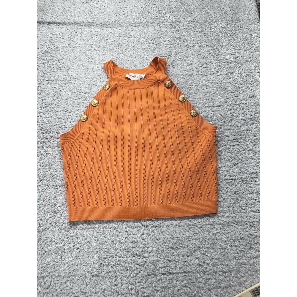 HAPPILY Grey Orange HIGH NECK SLEEVELESS HALTER‎ TOP  BUTTONS XL Women's New